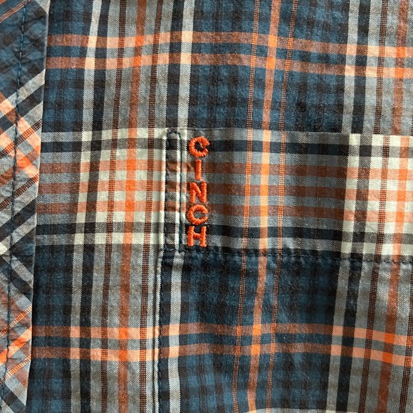 Cinch Men Modern Fit Plaid Long Sleeve Cotton Button Down Shirt XS Orange Blue - Picture 5 of 7
